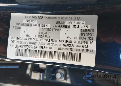 2025 Mazda Mazda3 2.5 S z USA, uszkodzony, nr VIN 3MZBPAAM7SM472768